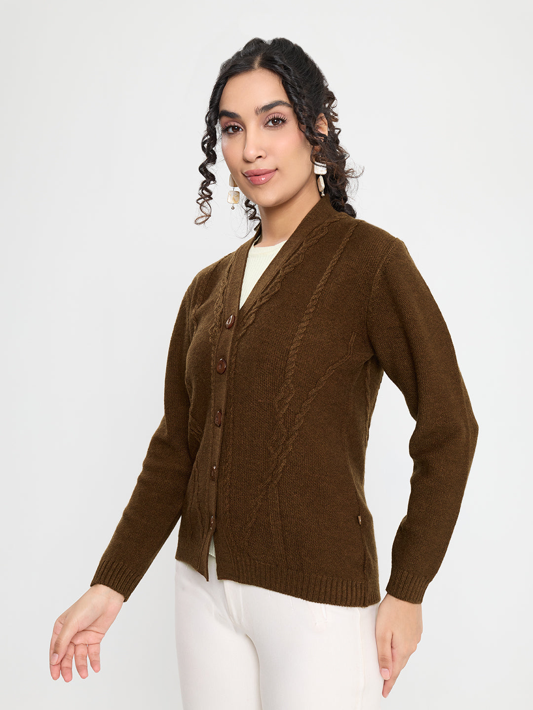Women Brown Self Design V Neck Full Sleeve Cardigan