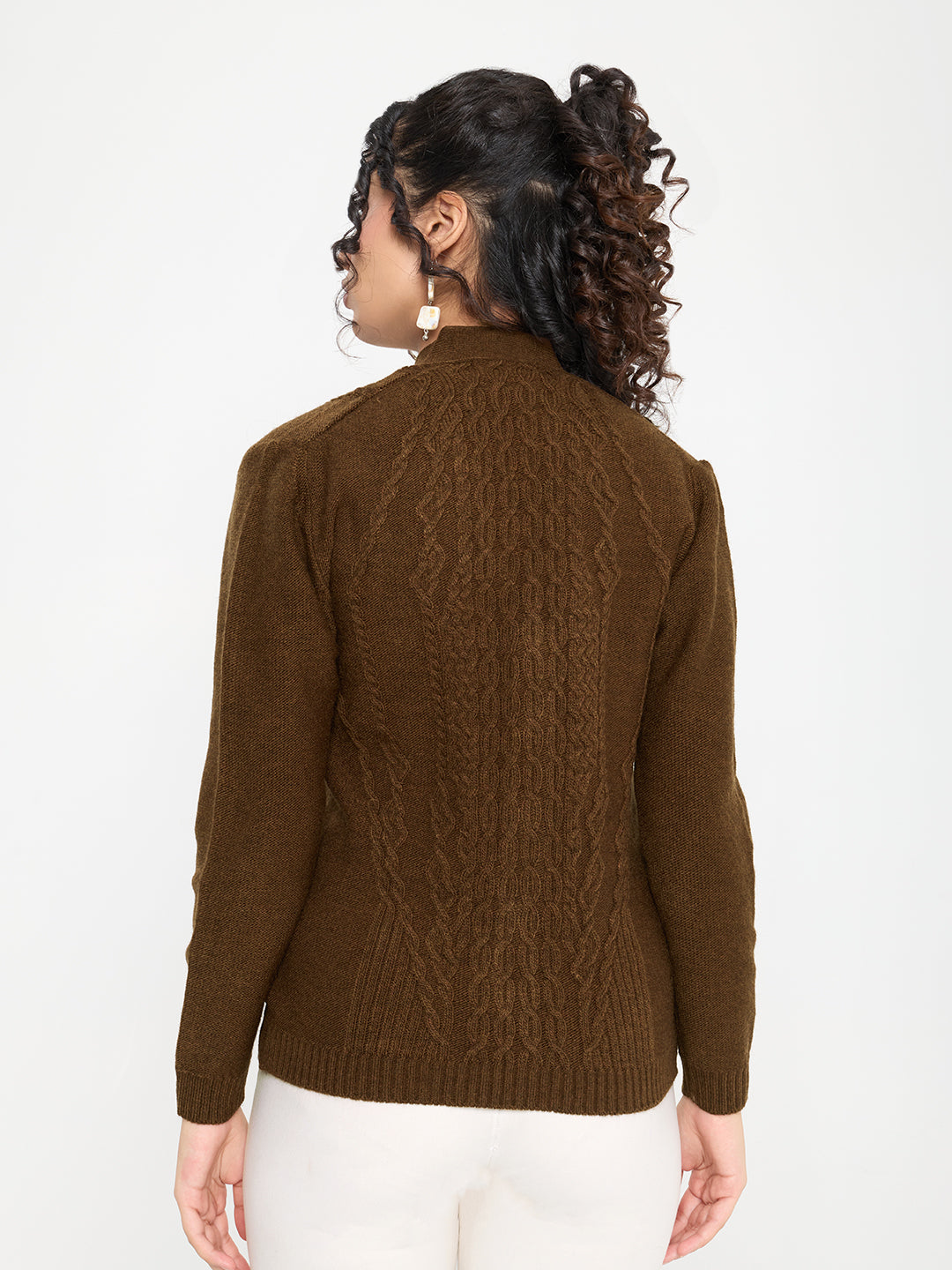 Women Brown Self Design V Neck Full Sleeve Cardigan