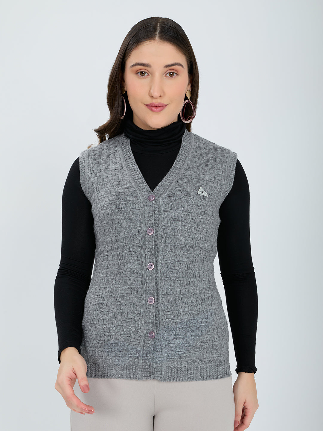 Women Grey Self Design V Neck Sleeveless Cardigan