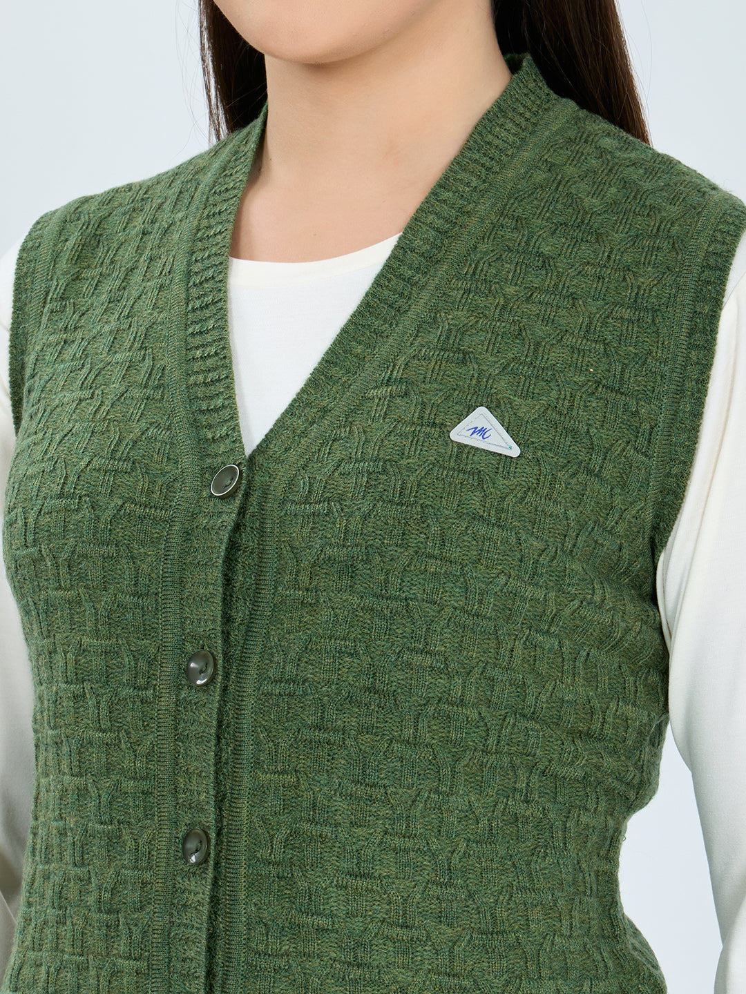 Women Green Self Design V Neck Sleeveless Cardigan