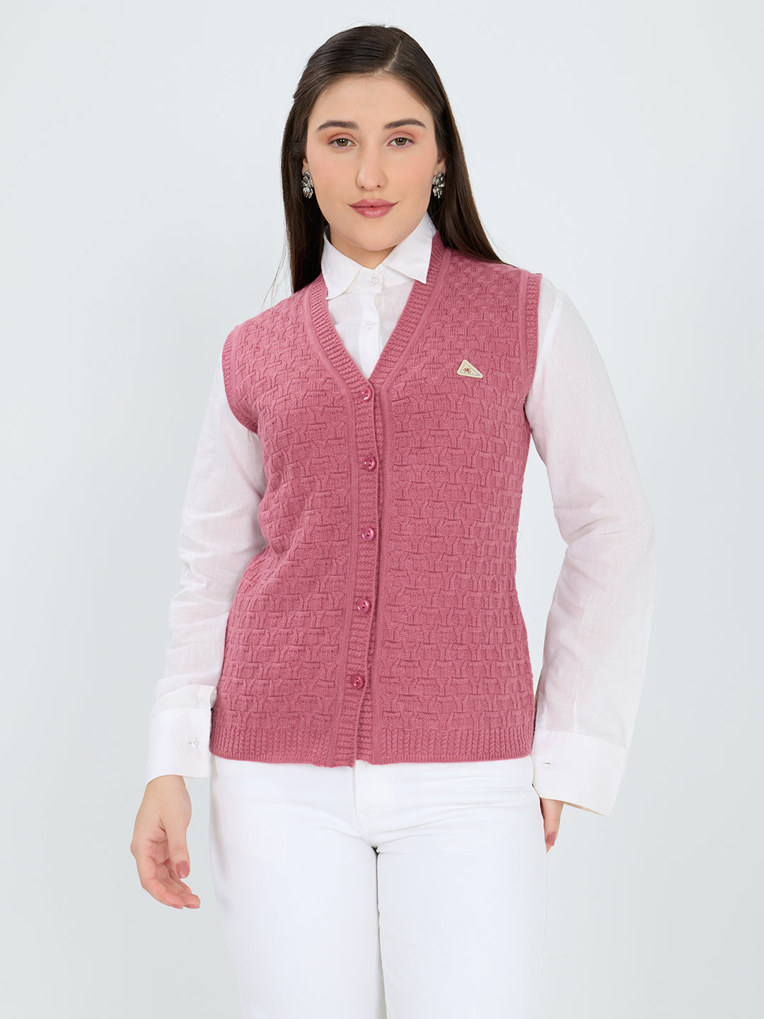 Women Pink Self Design V Neck Sleeveless Cardigan