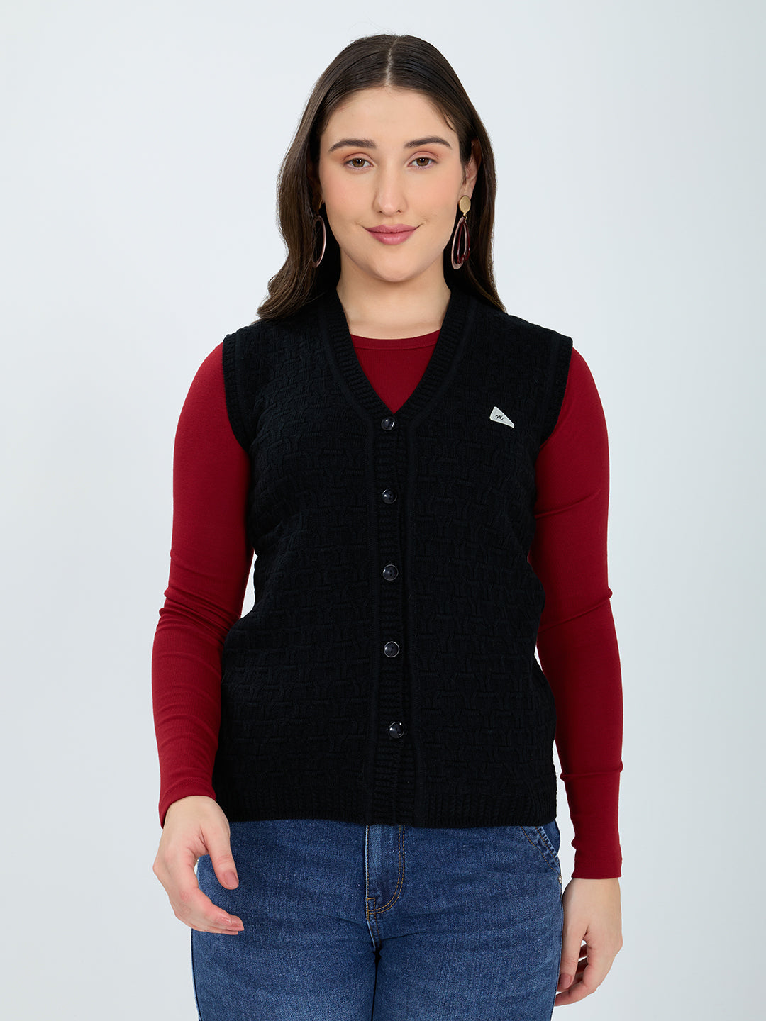 Women Black Self Design V Neck Sleeveless Cardigan