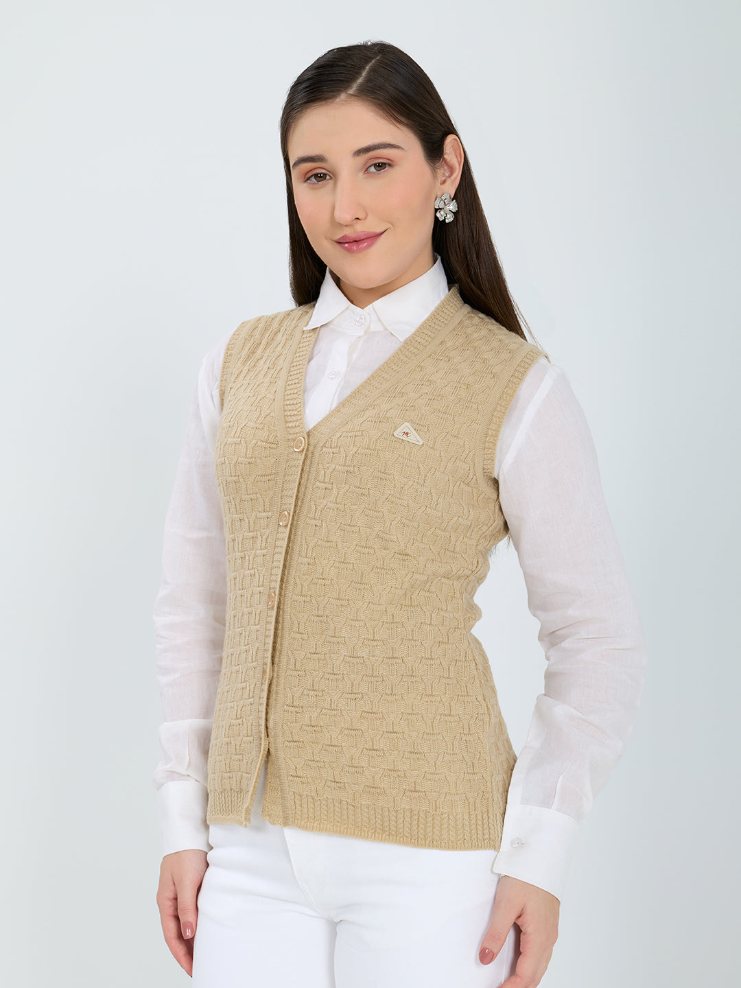 Women Camel Brown Self Design V Neck Sleeveless Cardigan