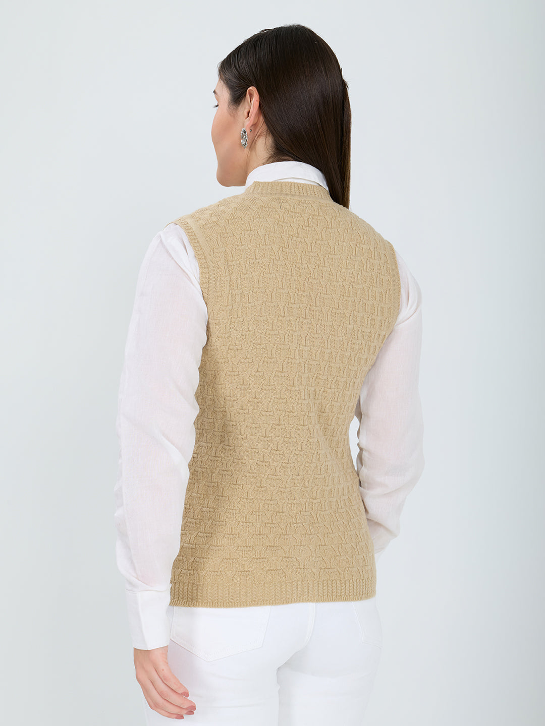 Women Camel Brown Self Design V Neck Sleeveless Cardigan