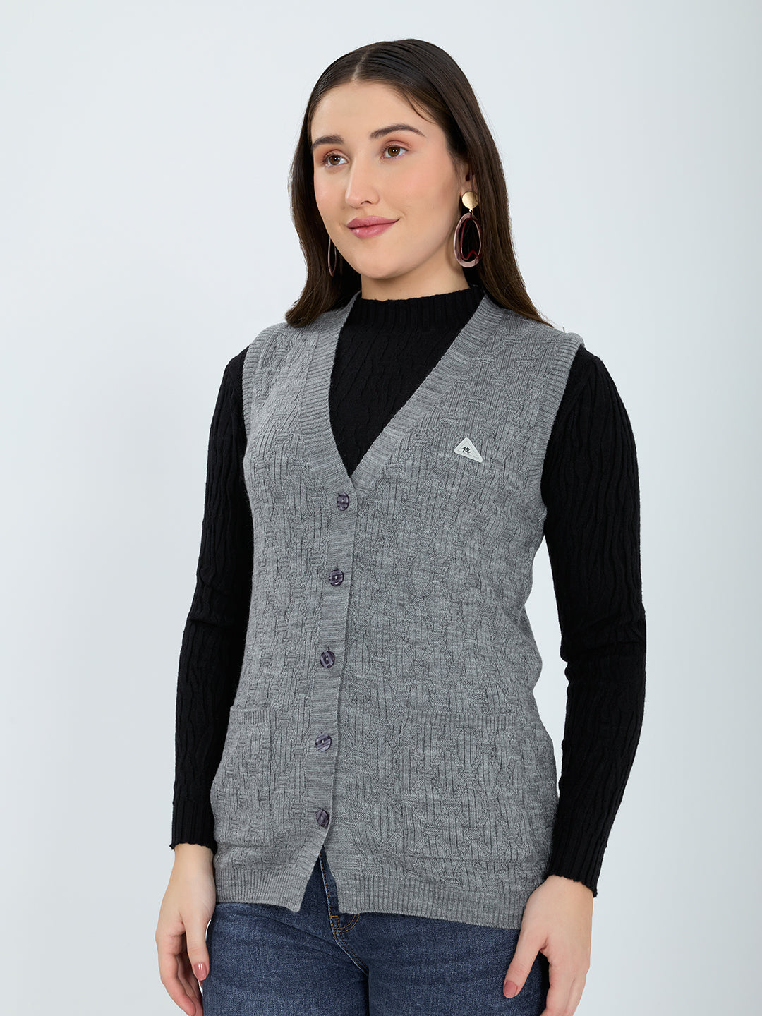 Women Grey Self Design V Neck Sleeveless Cardigan
