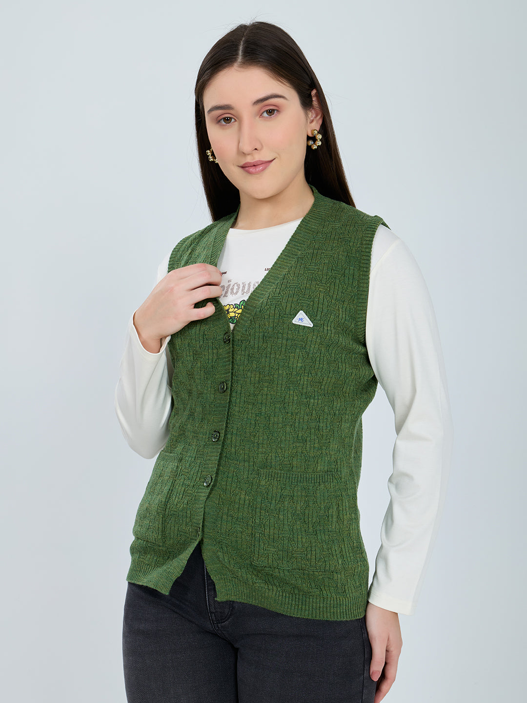 Women Green Self Design V Neck Sleeveless Cardigan
