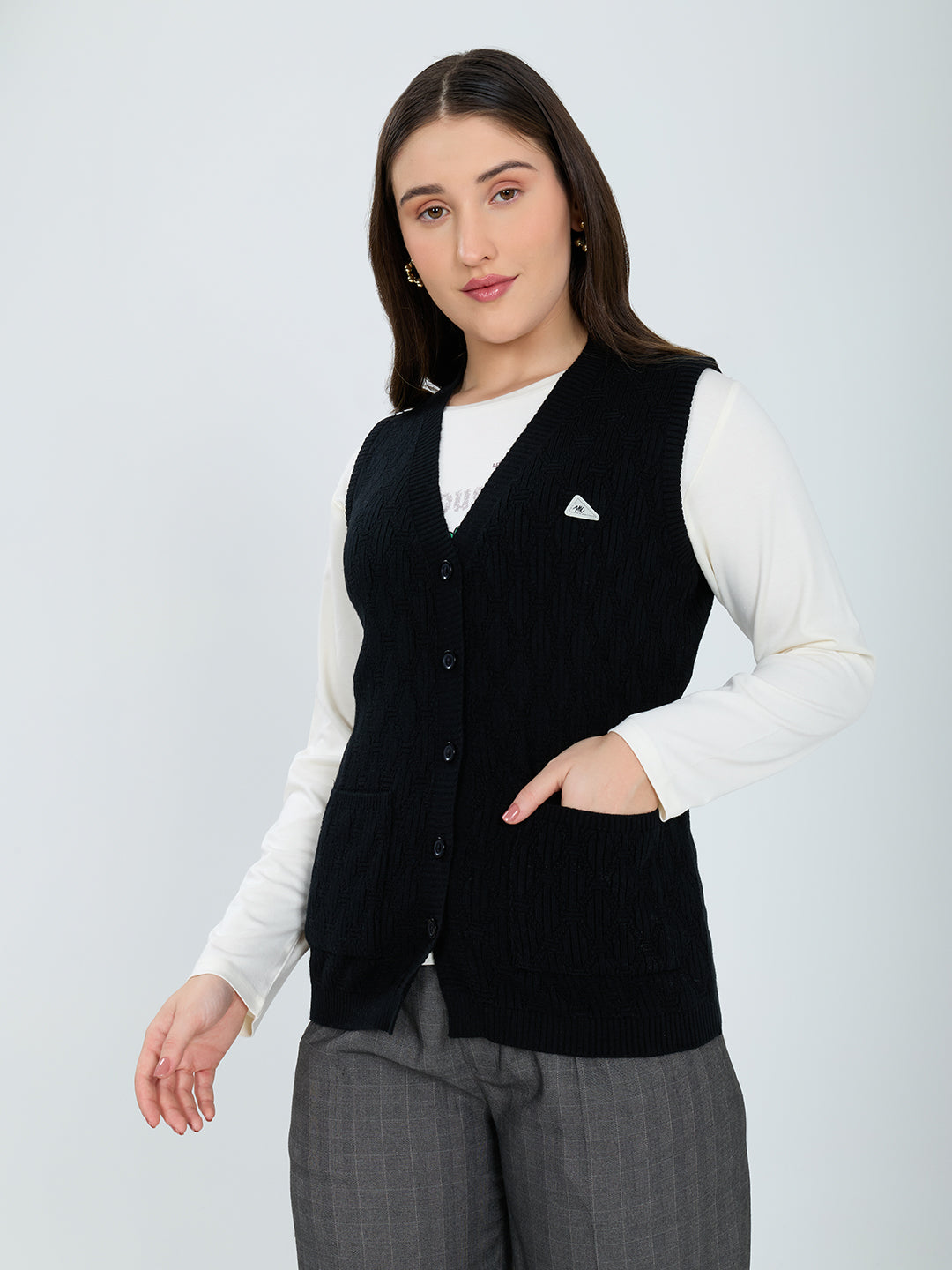 Women Black Self Design V Neck Sleeveless Cardigan