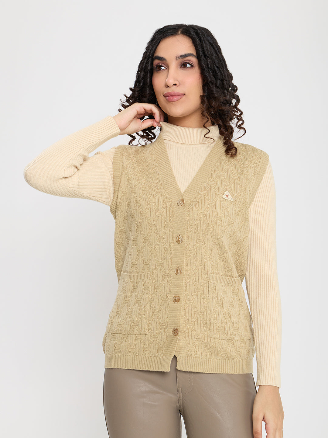 Women Camel Brown Self Design V Neck Sleeveless Cardigan