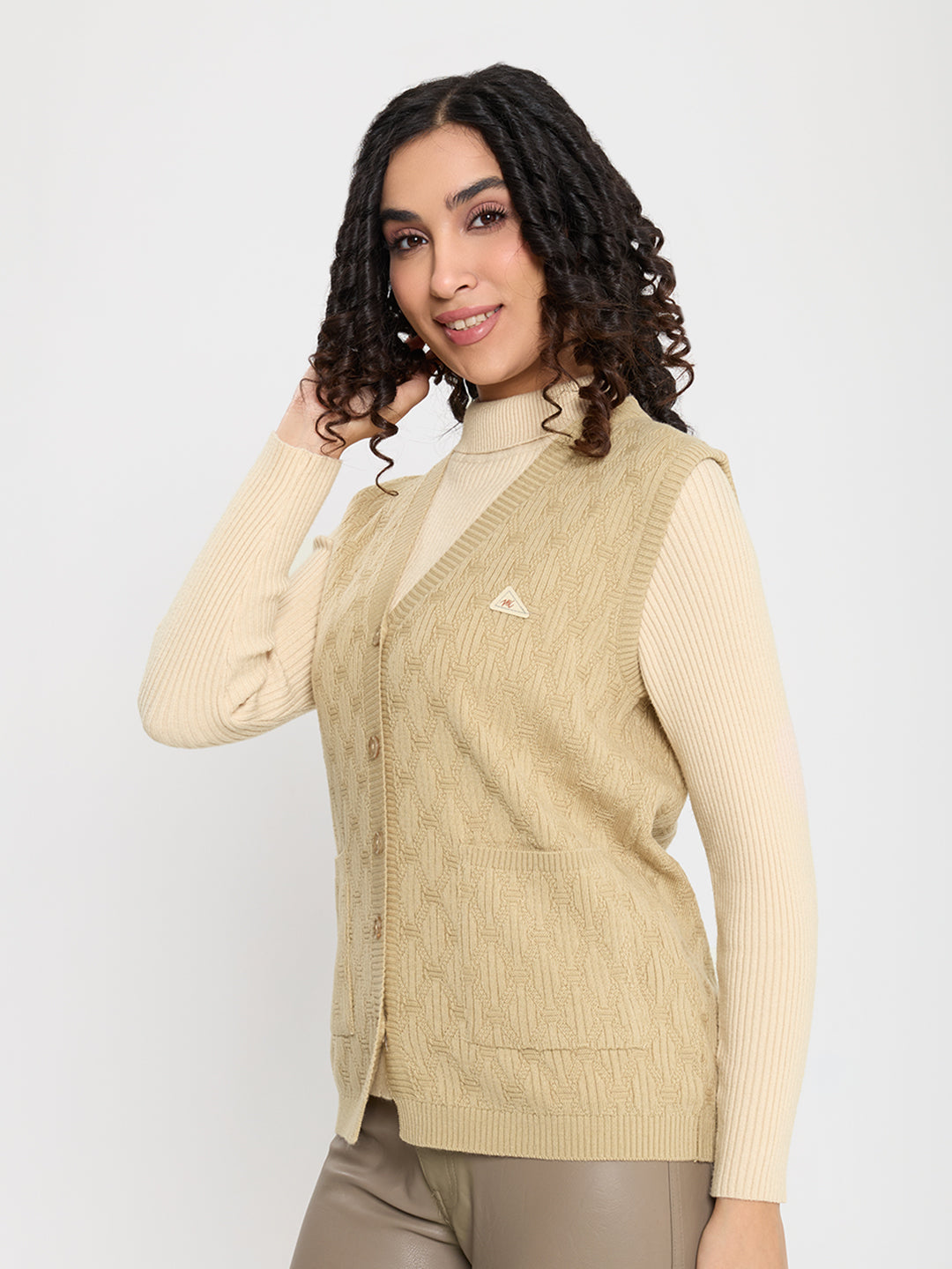 Women Camel Brown Self Design V Neck Sleeveless Cardigan