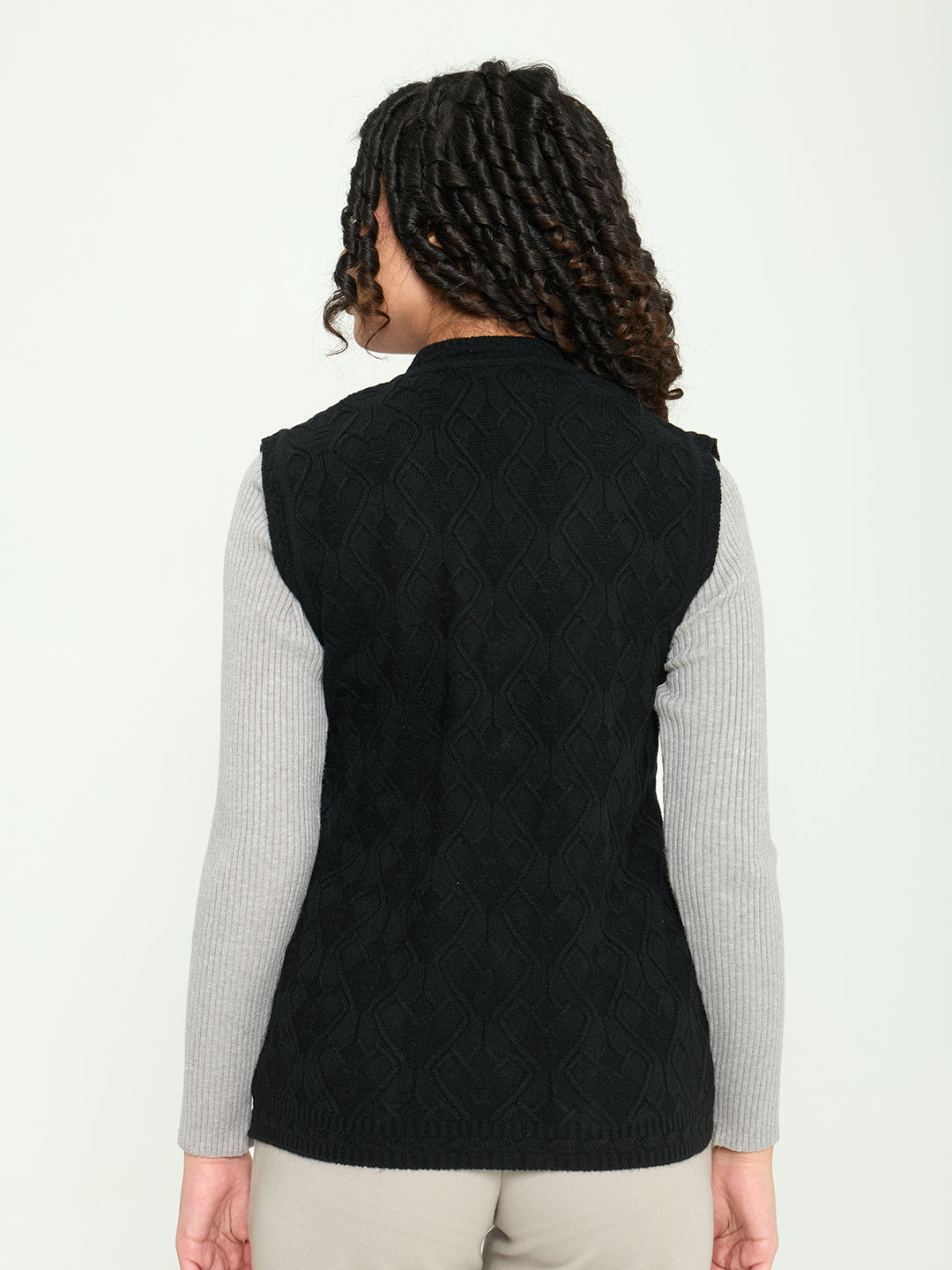 Women Black Self Design V Neck Sleeveless Cardigan