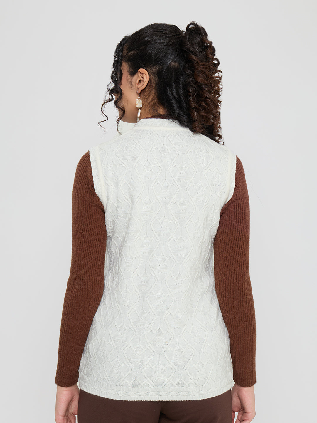 Women Off White Self Design V Neck Sleeveless Cardigan