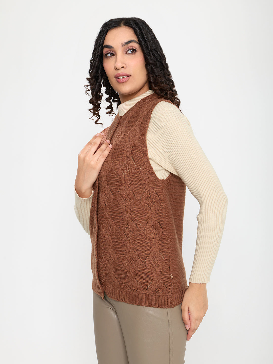 Women Rust Self Design Round Neck Sleeveless Cardigan