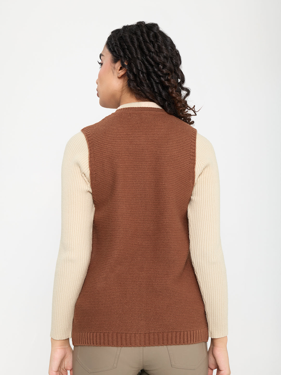 Women Rust Self Design Round Neck Sleeveless Cardigan