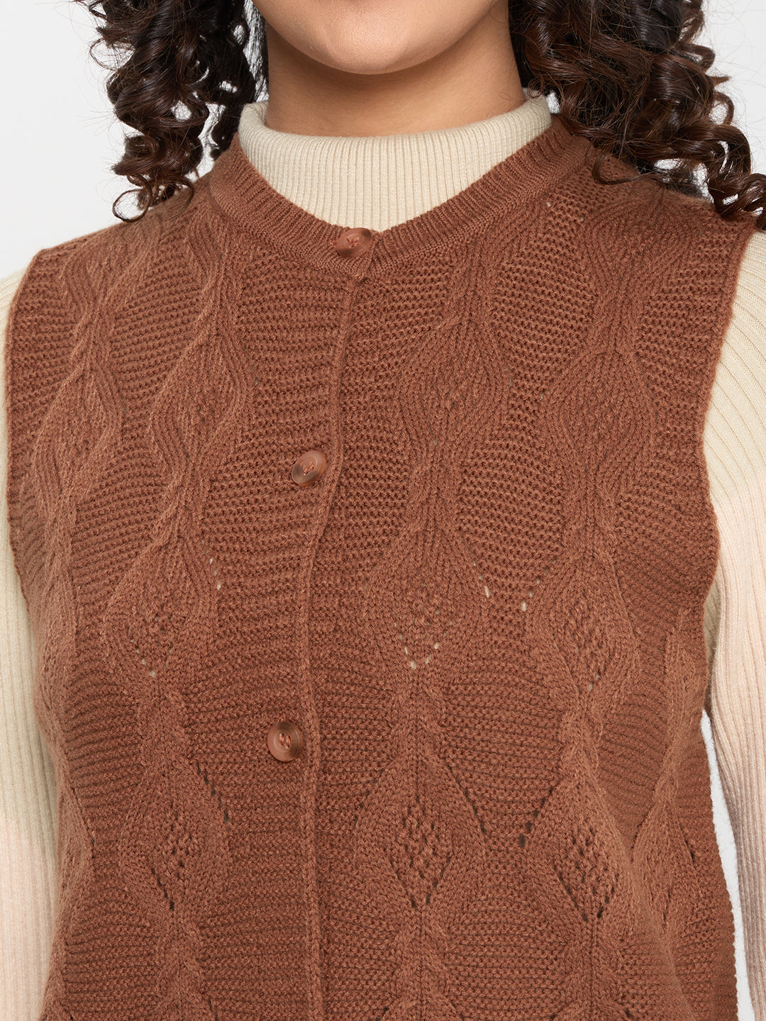 Women Rust Self Design Round Neck Sleeveless Cardigan