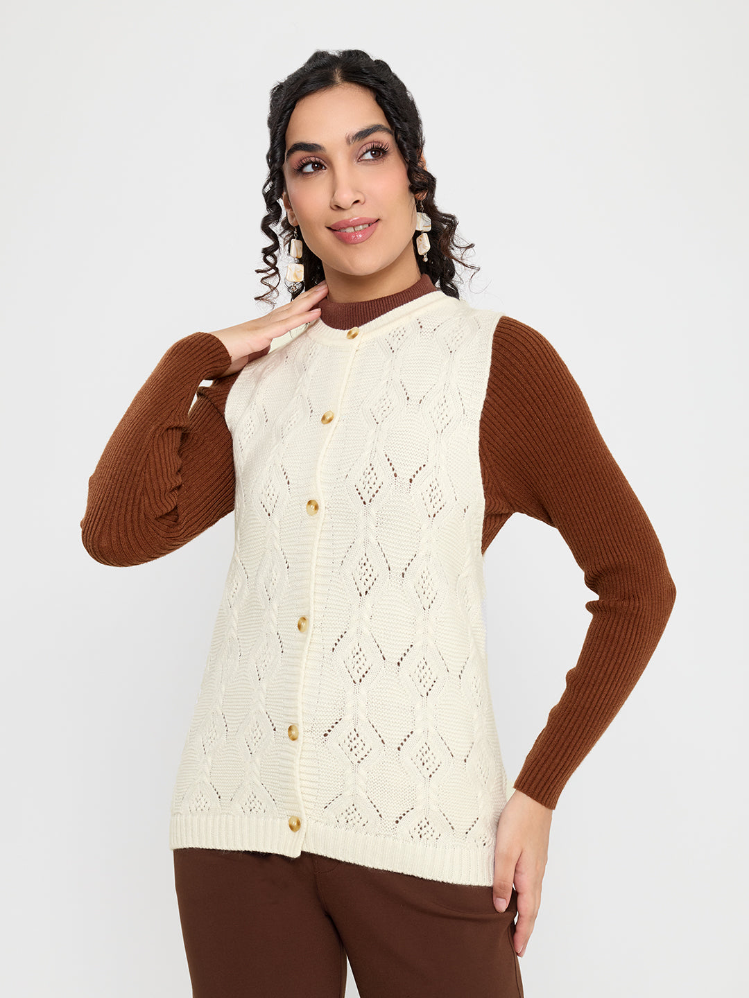 Women Off White Self Design Round Neck Sleeveless Cardigan