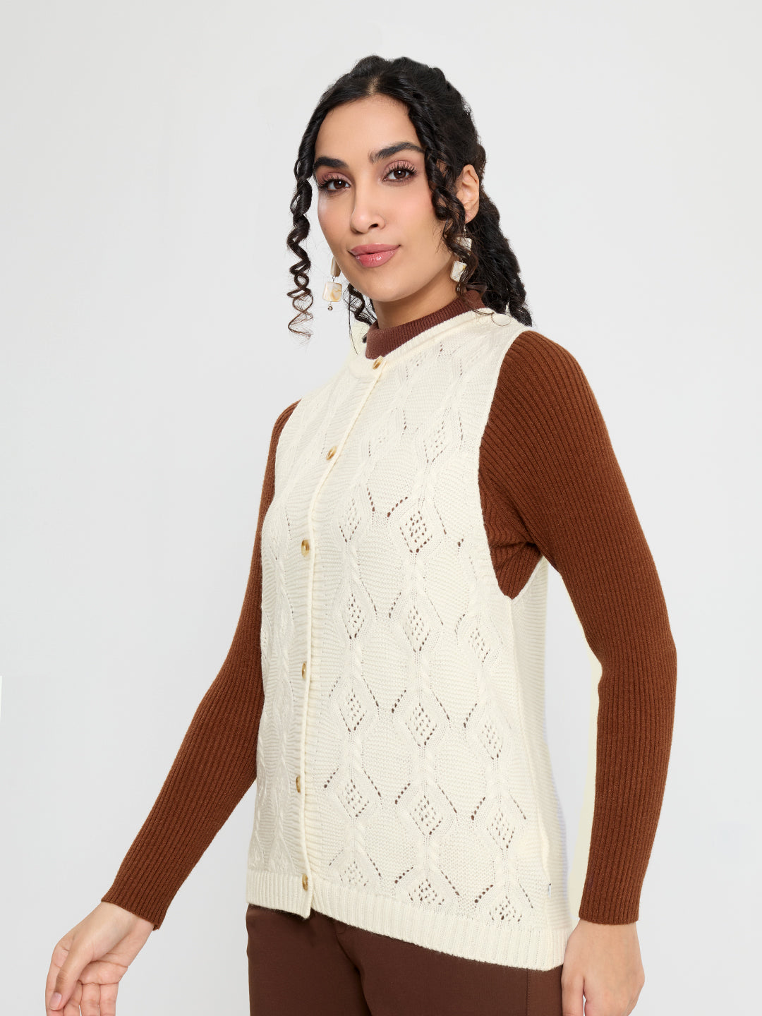 Women Off White Self Design Round Neck Sleeveless Cardigan
