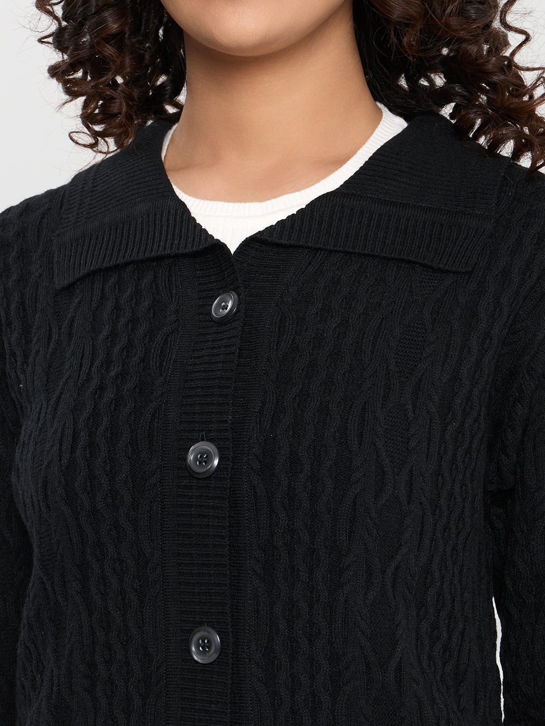 Women Black Self Design Collar Full Sleeve Long Cardigan