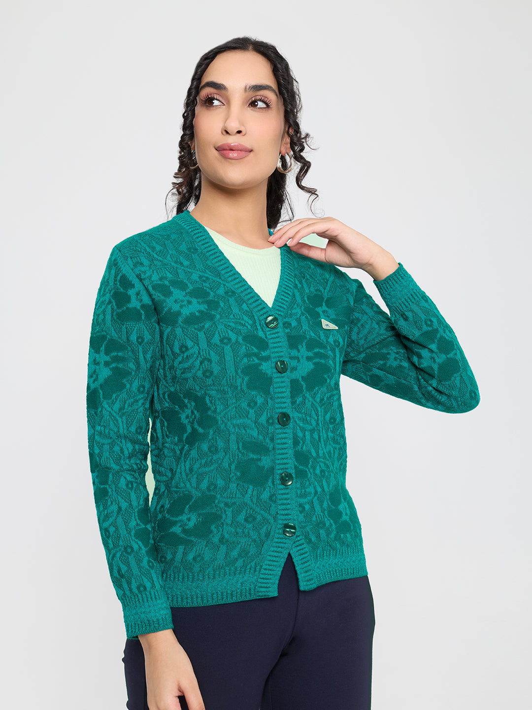 Women Teal Blue Self Design V Neck Full Sleeve Cardigan