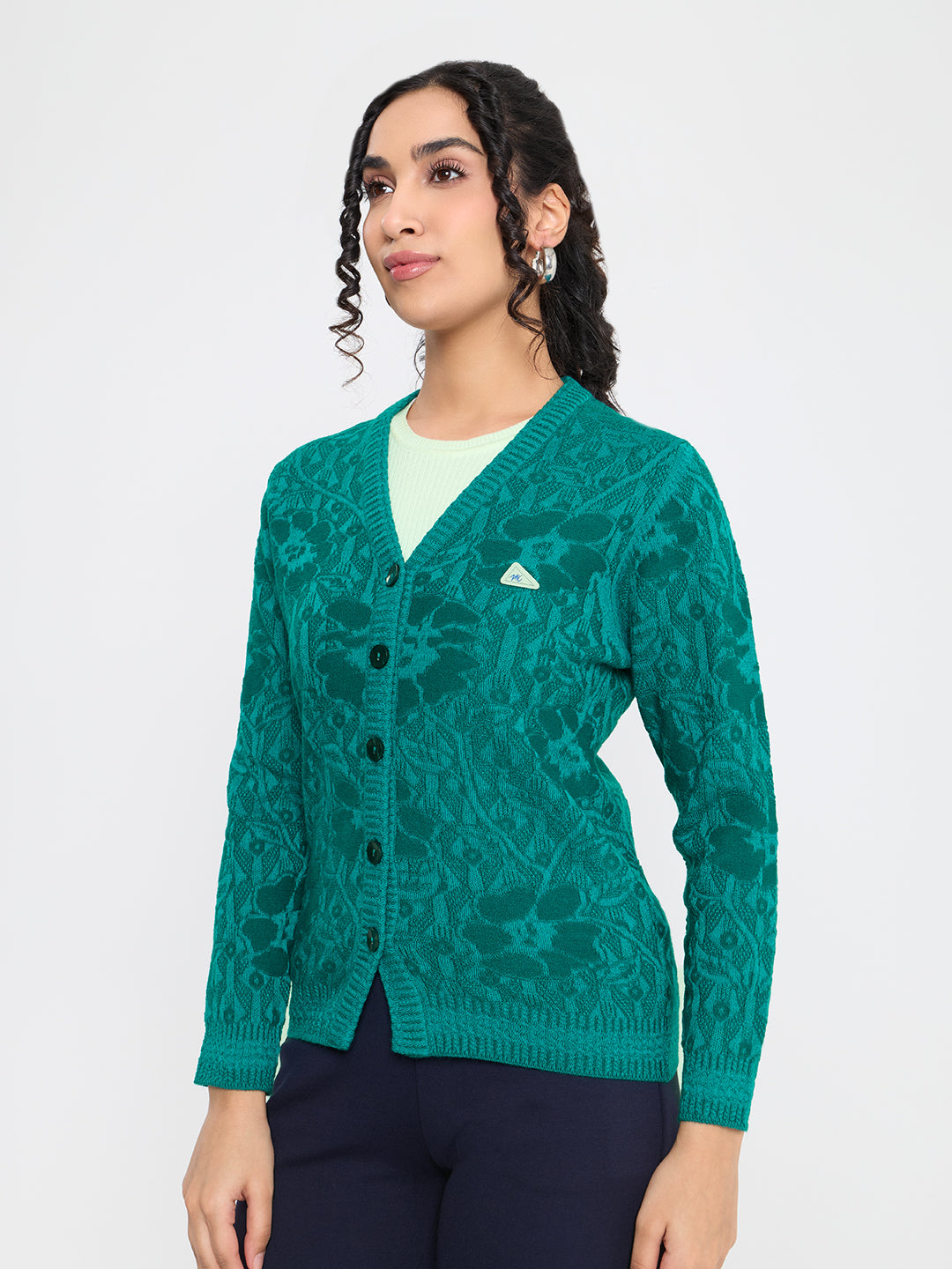 Women Teal Blue Self Design V Neck Full Sleeve Cardigan
