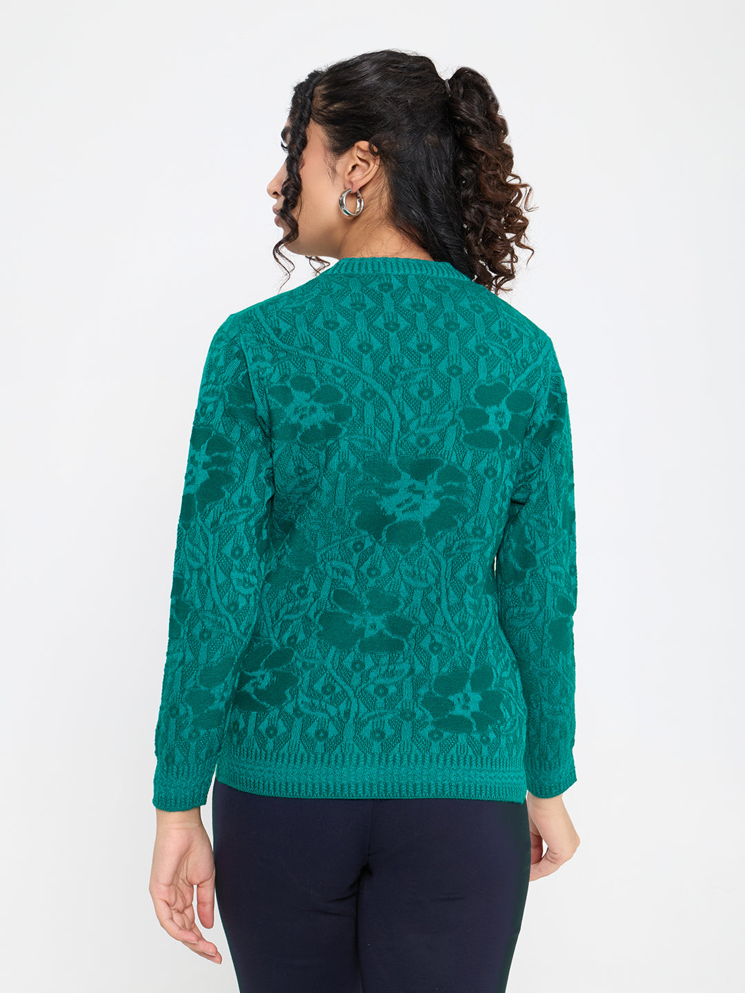 Women Teal Blue Self Design V Neck Full Sleeve Cardigan