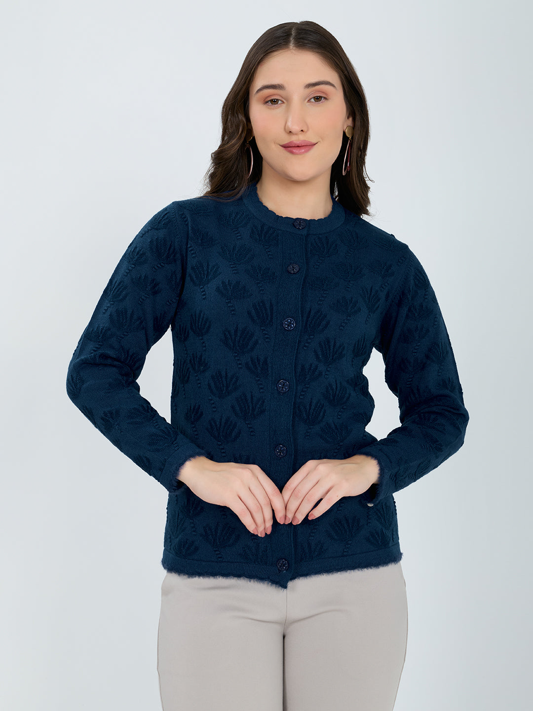 Women Blue Self Design Round Neck Full Sleeve Cardigan