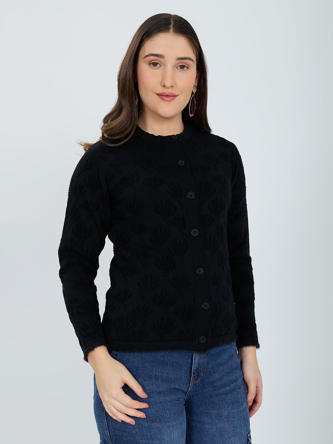 Women Black Self Design Round Neck Full Sleeve Cardigan