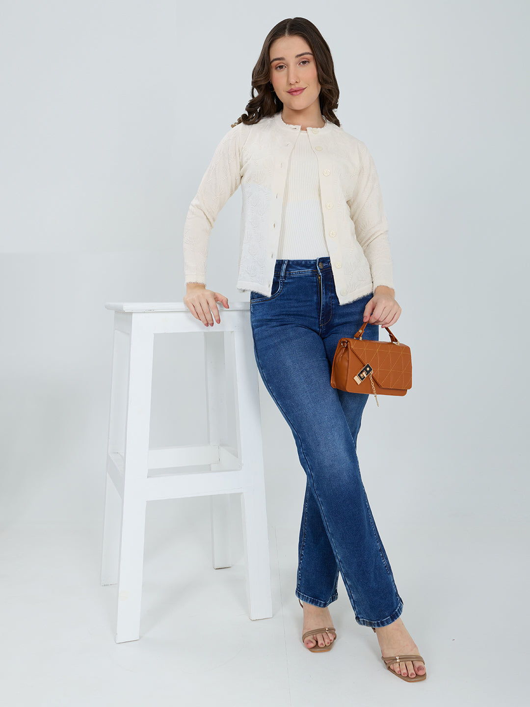 Women White Self Design Round Neck Full Sleeve Cardigan