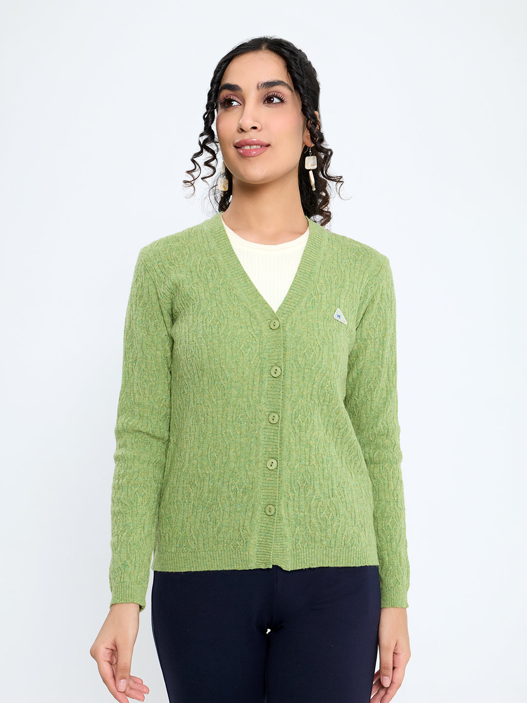 Women Light Green Self Design V Neck Full Sleeve Cardigan