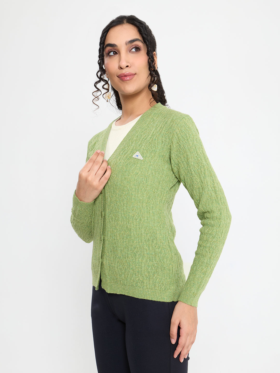 Women Light Green Self Design V Neck Full Sleeve Cardigan