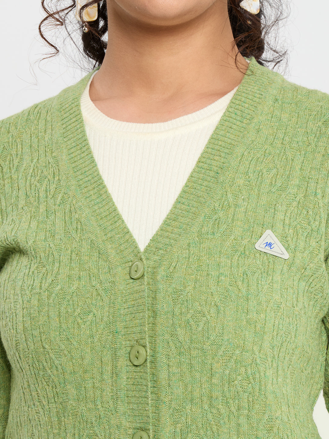 Women Light Green Self Design V Neck Full Sleeve Cardigan