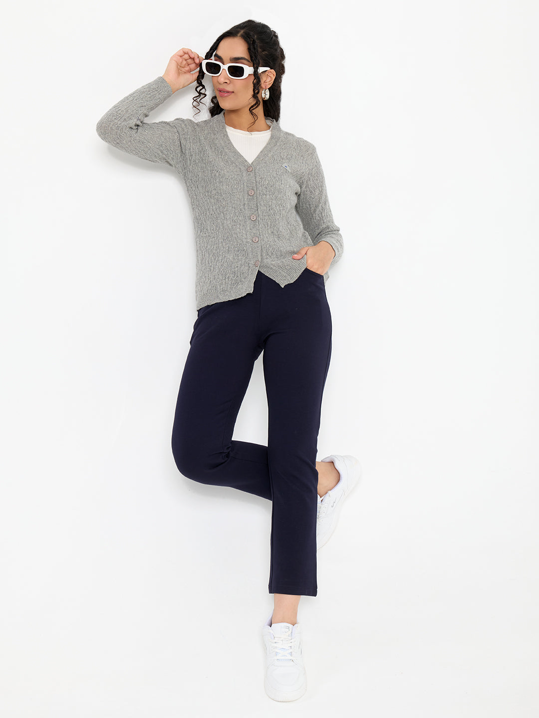 Women Grey Self Design V Neck Full Sleeve Cardigan