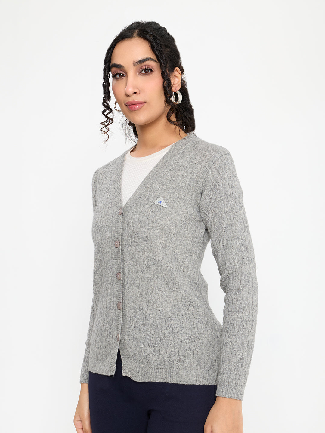 Women Grey Self Design V Neck Full Sleeve Cardigan