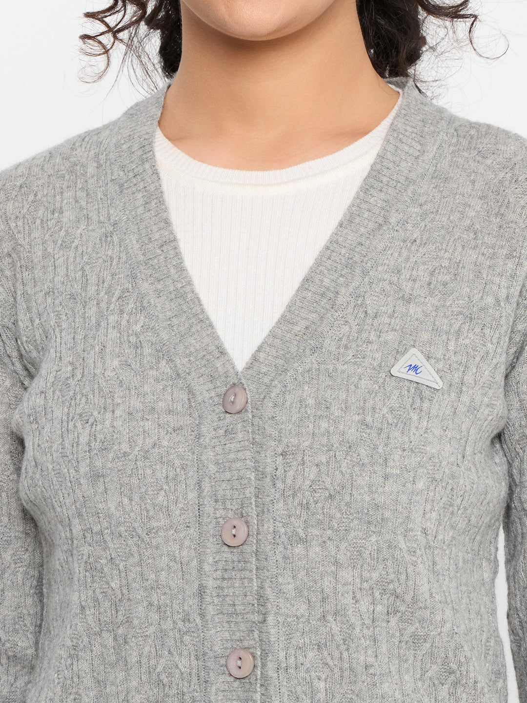 Women Grey Self Design V Neck Full Sleeve Cardigan