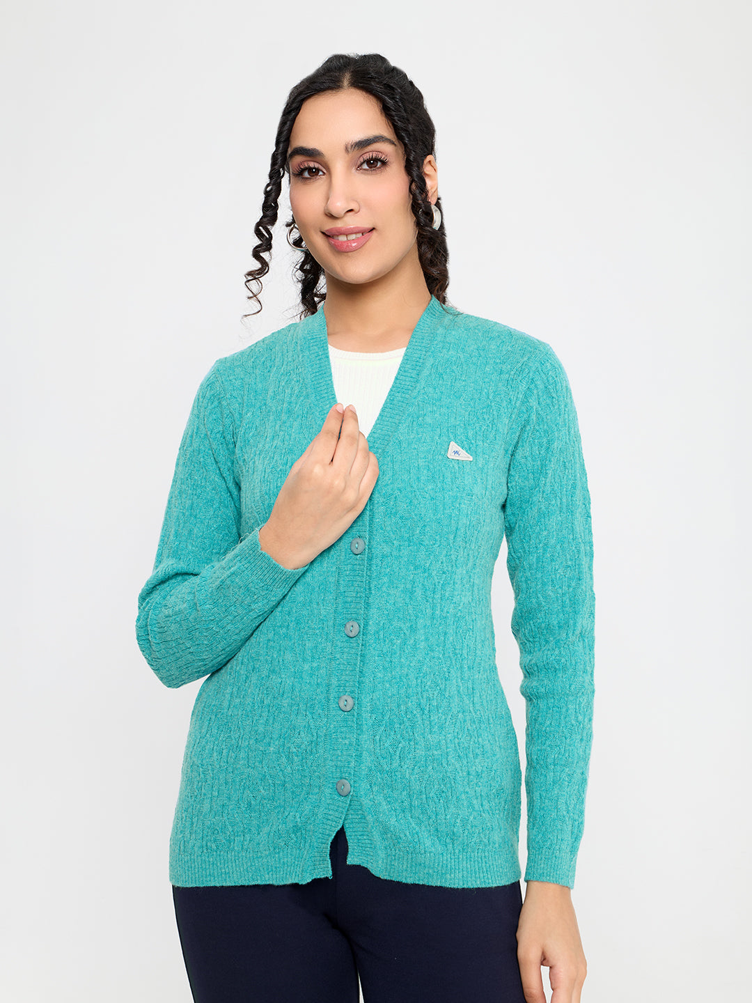 Women Turquoise Blue Self Design V Neck Full Sleeve Cardigan