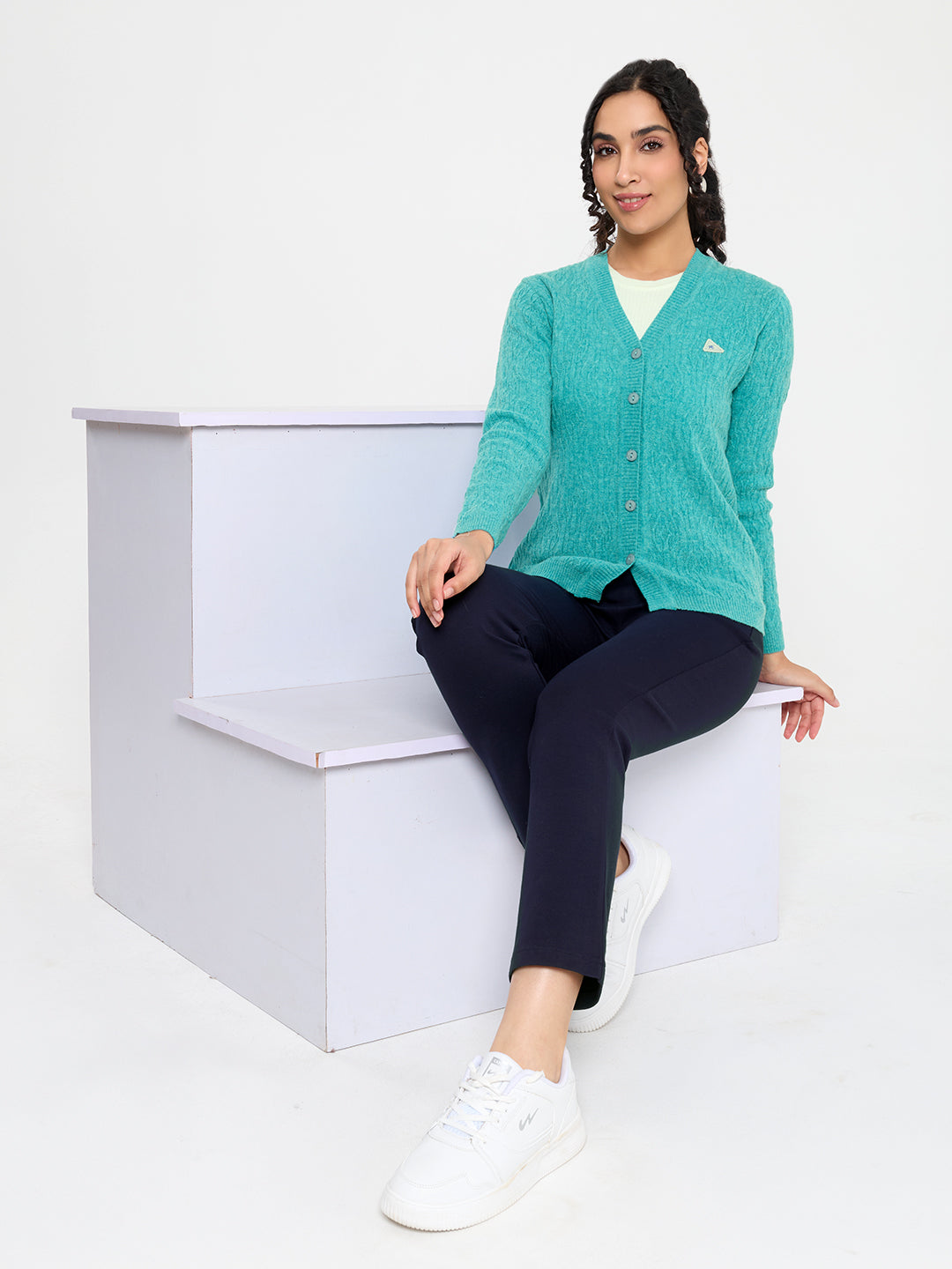 Women Turquoise Blue Self Design V Neck Full Sleeve Cardigan