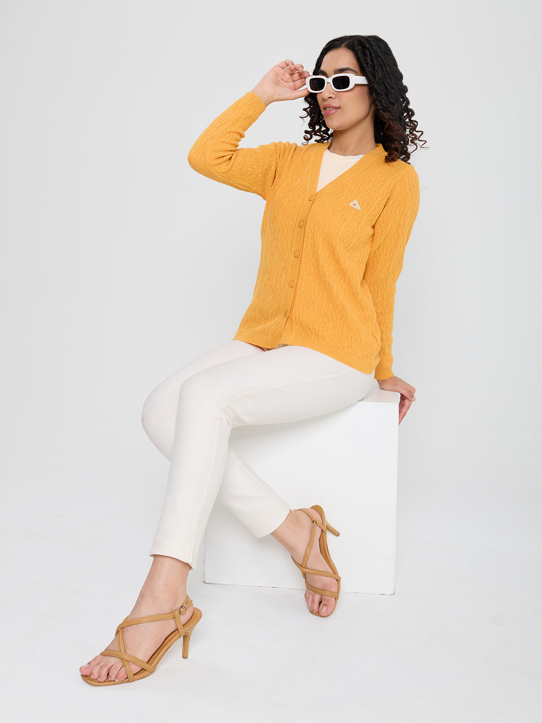 Women Yellow Self Design V Neck Full Sleeve Cardigan