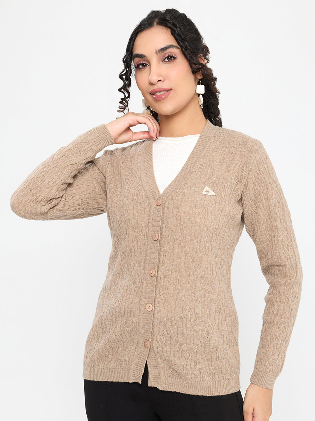 Women Beige Self Design V Neck Full Sleeve Cardigan