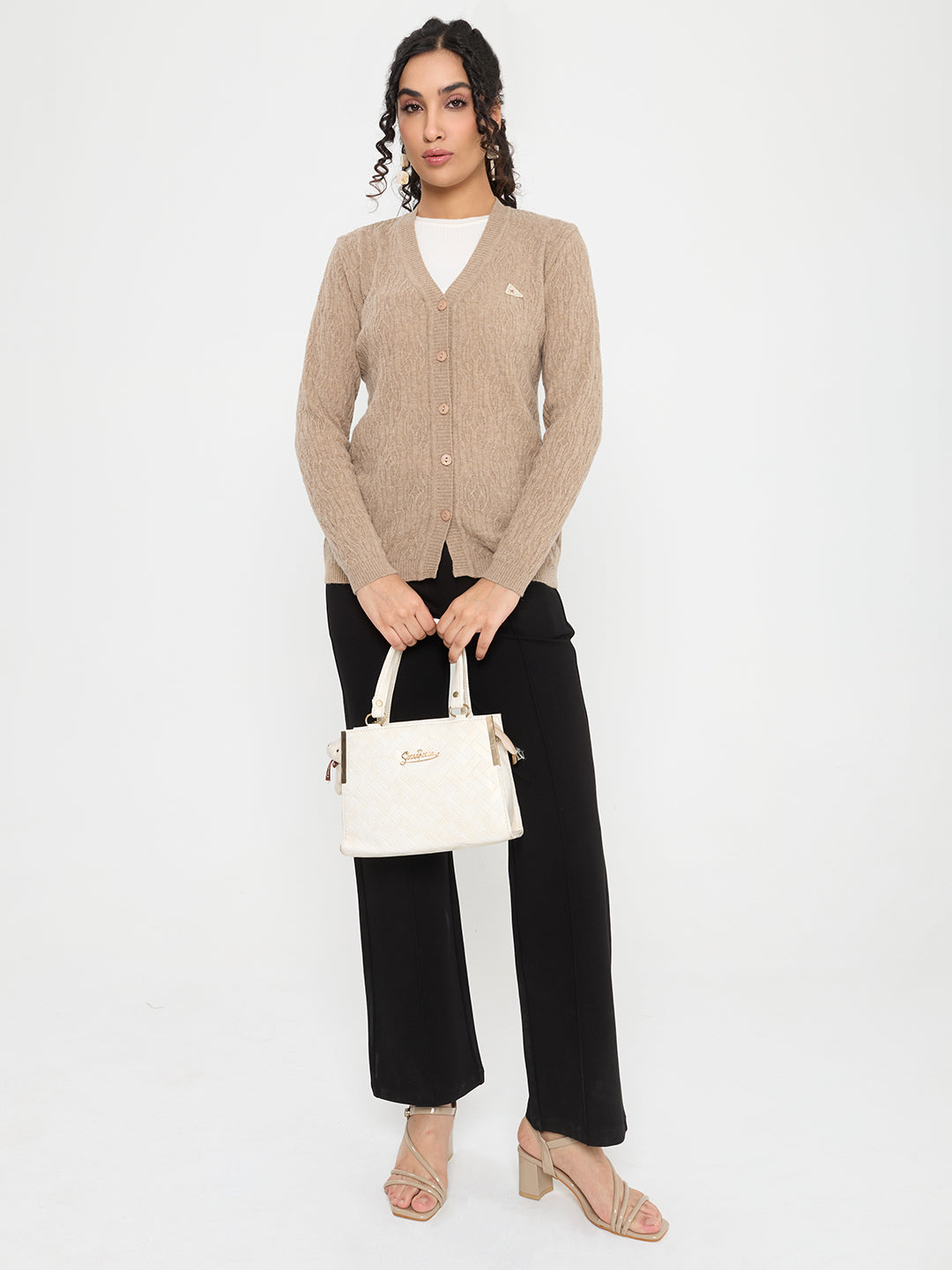 Women Beige Self Design V Neck Full Sleeve Cardigan