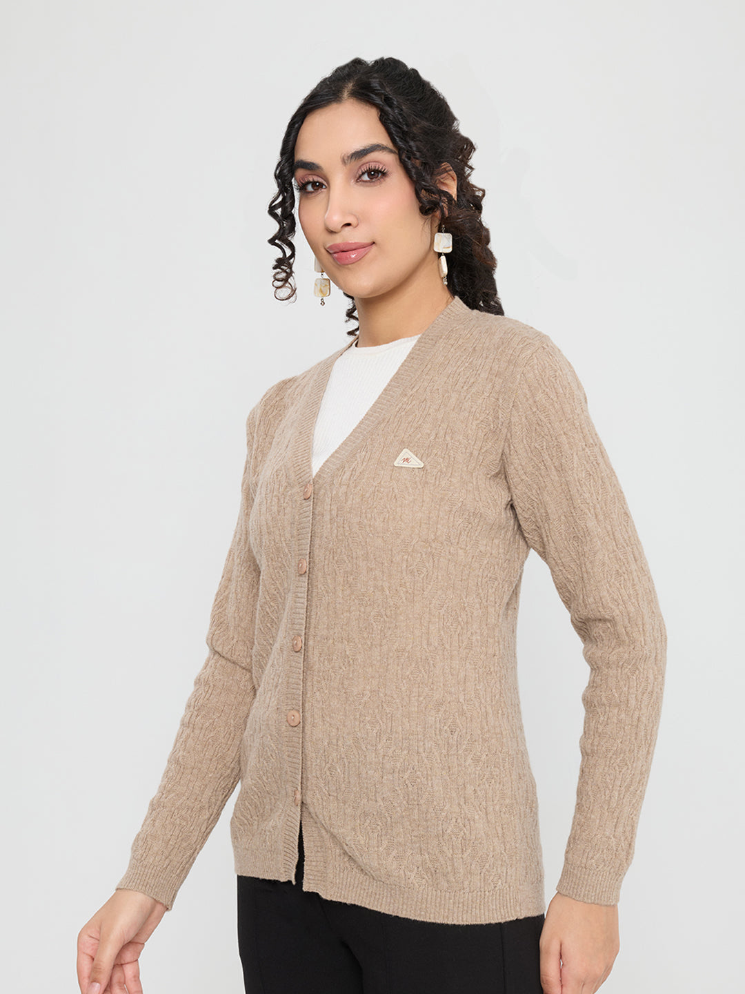 Women Beige Self Design V Neck Full Sleeve Cardigan