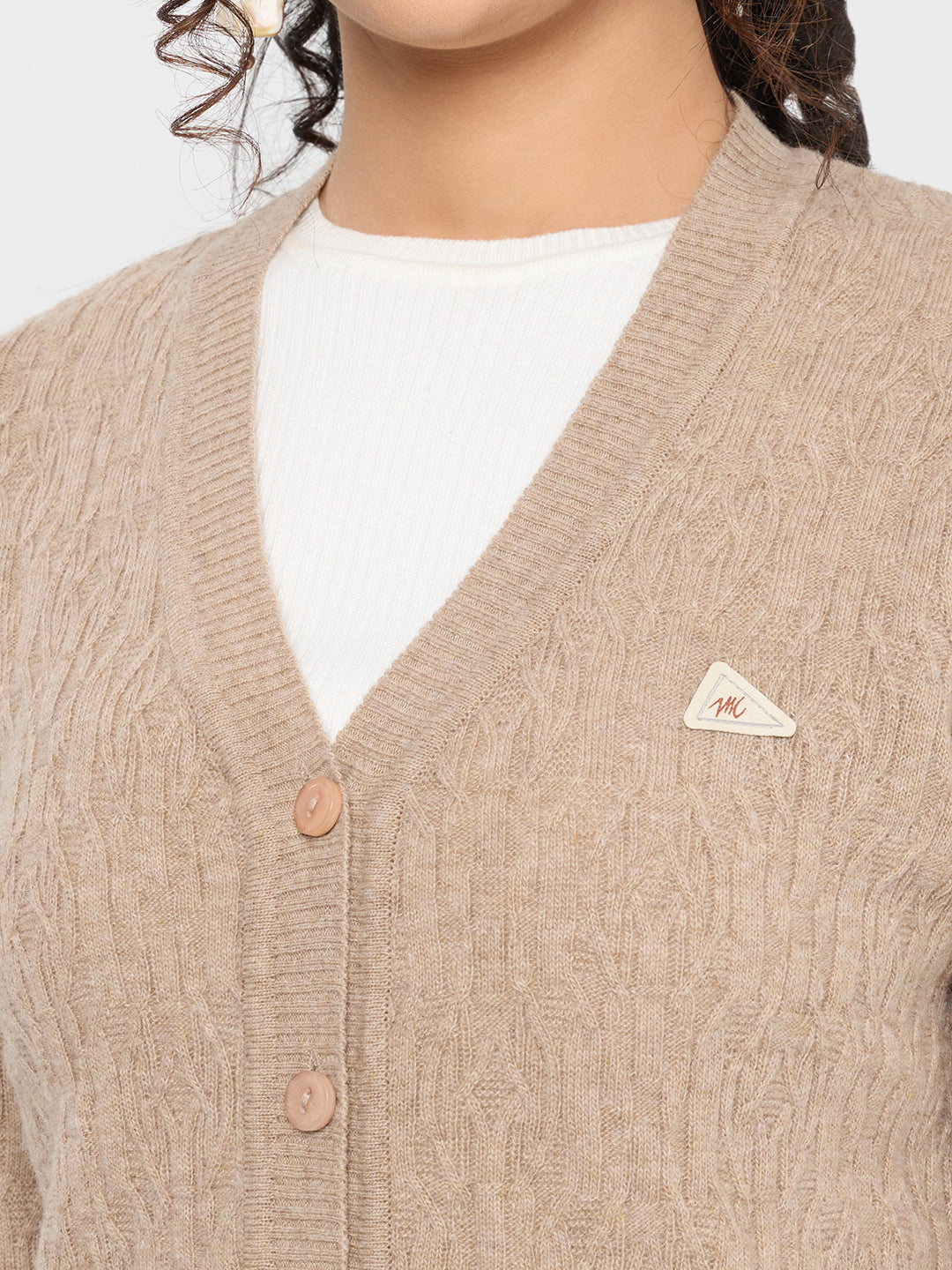 Women Beige Self Design V Neck Full Sleeve Cardigan