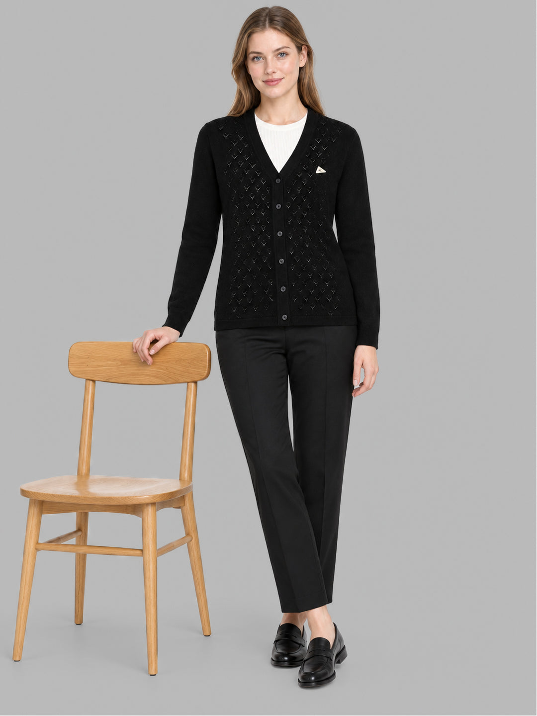 Women Black Self Design V Neck Full Sleeve Cardigan