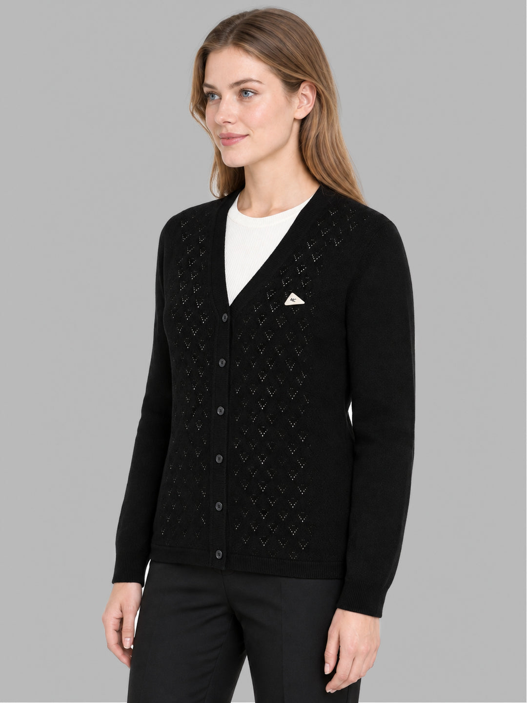 Women Black Self Design V Neck Full Sleeve Cardigan