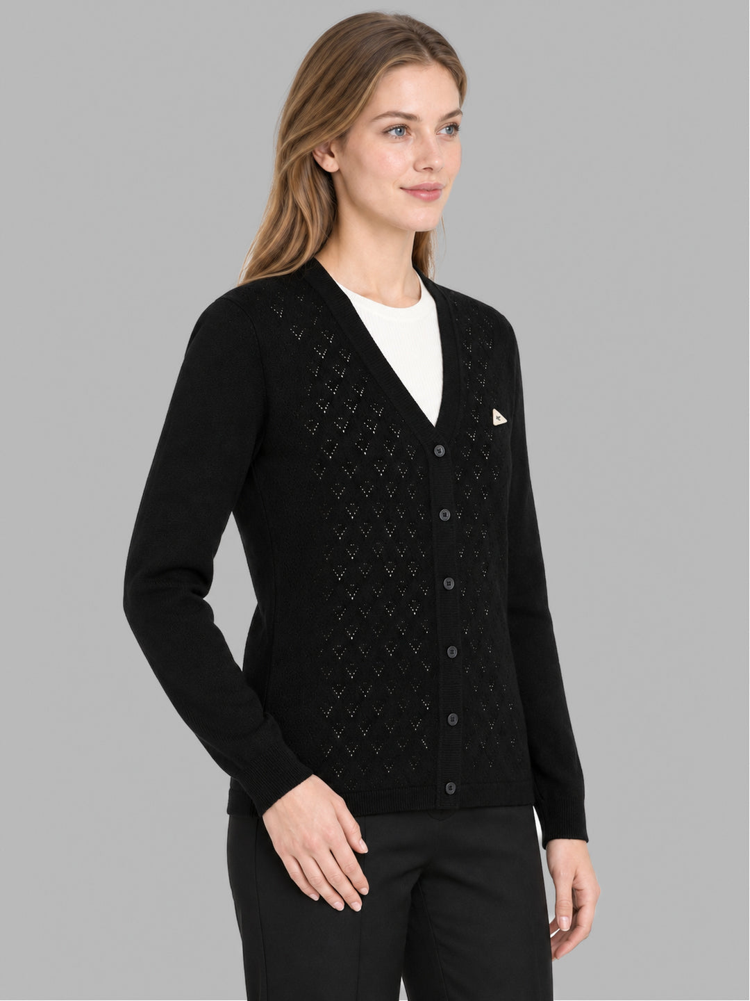 Women Black Self Design V Neck Full Sleeve Cardigan