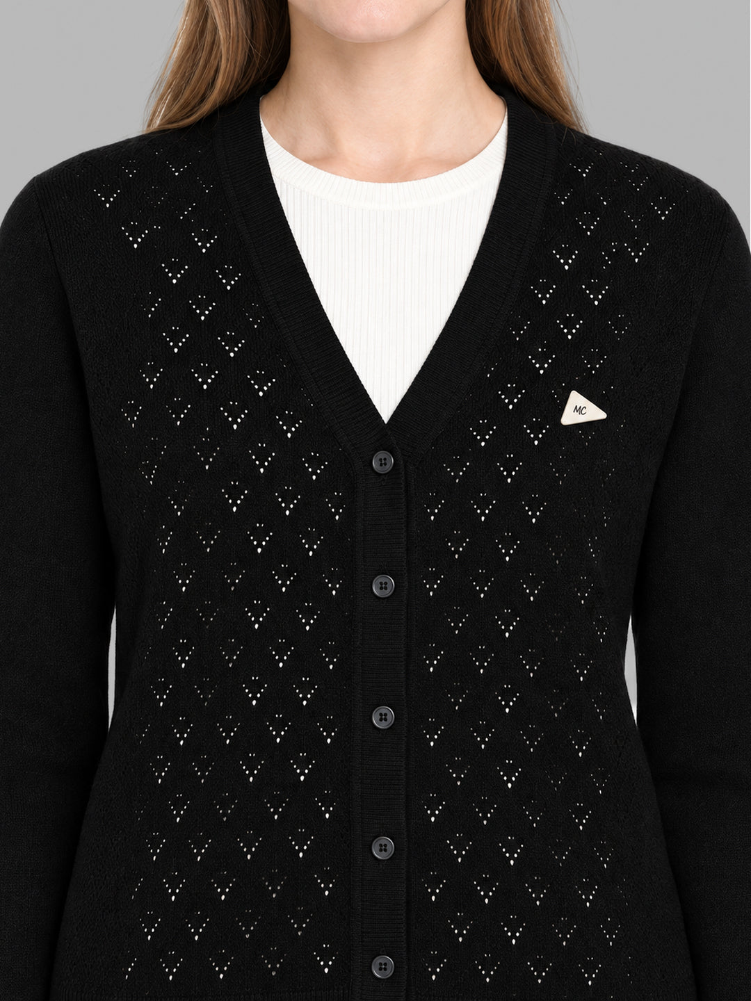 Women Black Self Design V Neck Full Sleeve Cardigan