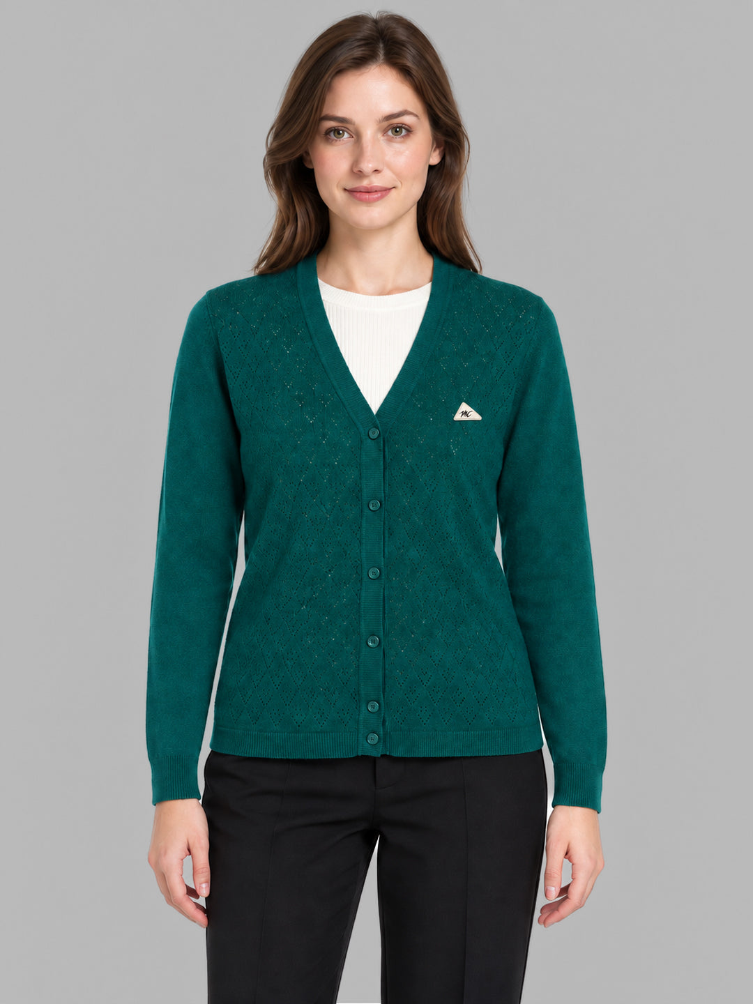 Women Teal Blue Self Design V Neck Full Sleeve Cardigan
