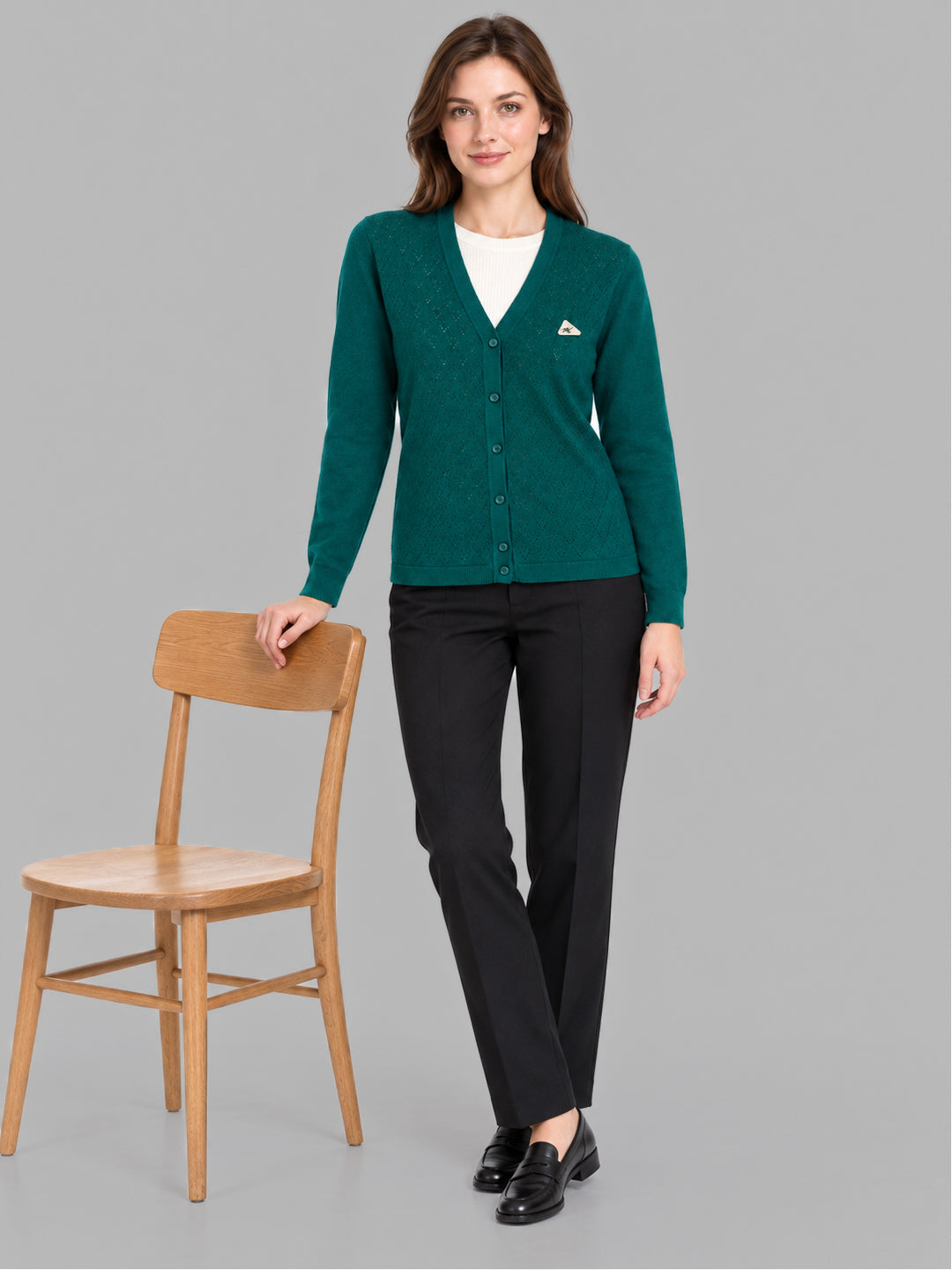 Women Teal Blue Self Design V Neck Full Sleeve Cardigan