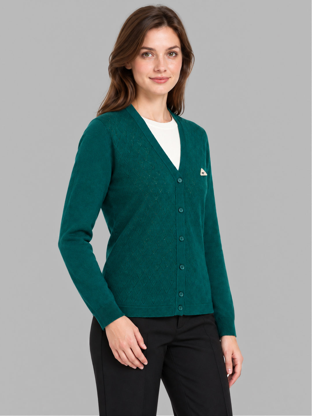 Women Teal Blue Self Design V Neck Full Sleeve Cardigan