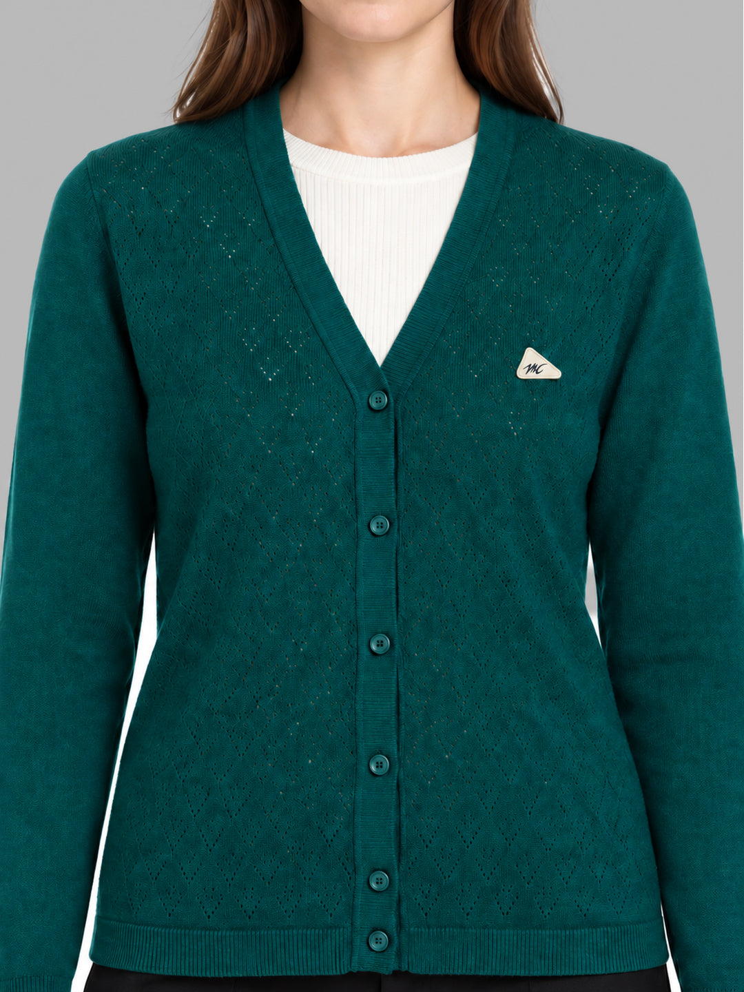 Women Teal Blue Self Design V Neck Full Sleeve Cardigan