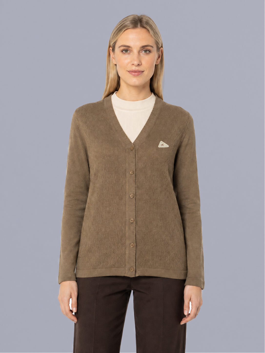 Women Camel Brown Self Design V Neck Full Sleeve Cardigan