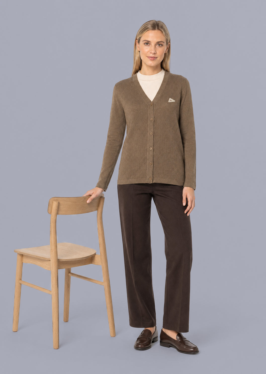 Women Camel Brown Self Design V Neck Full Sleeve Cardigan